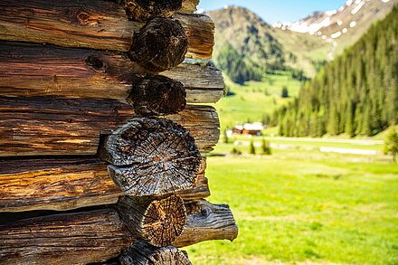 Vecchio fienile con vista sulla malga Unterstalleralm